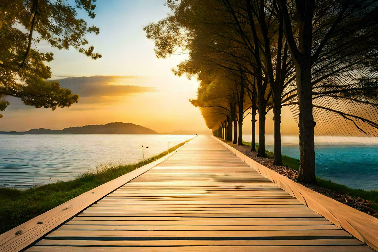 a wooden walkway leads to the water at sunset. AI-Generated photo
