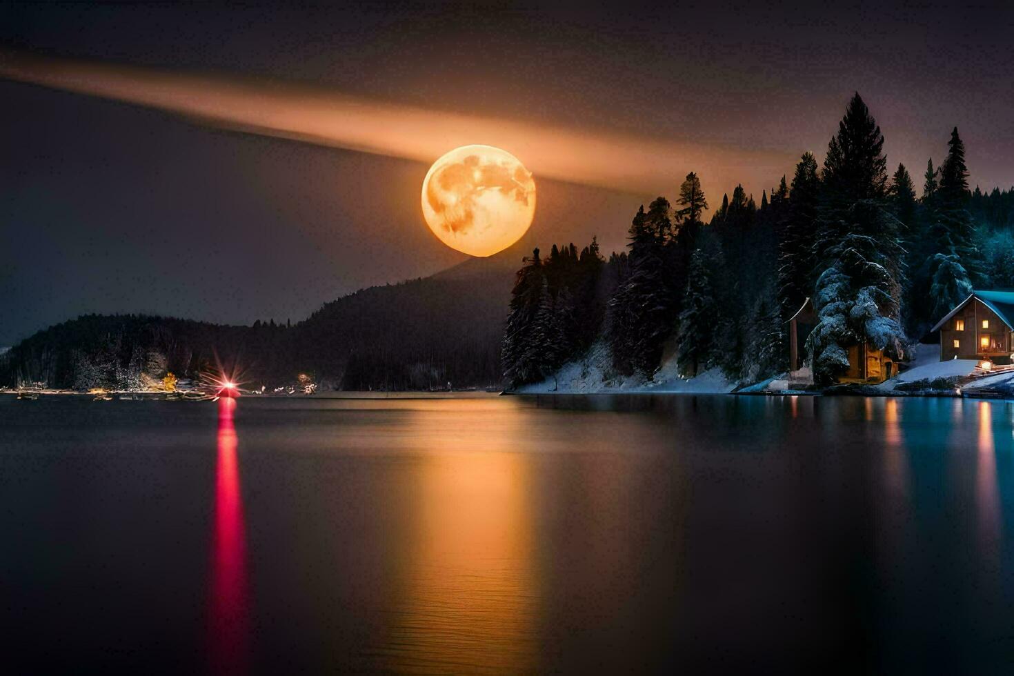 un lleno Luna es visto terminado un lago con nieve en el suelo. generado por ai foto