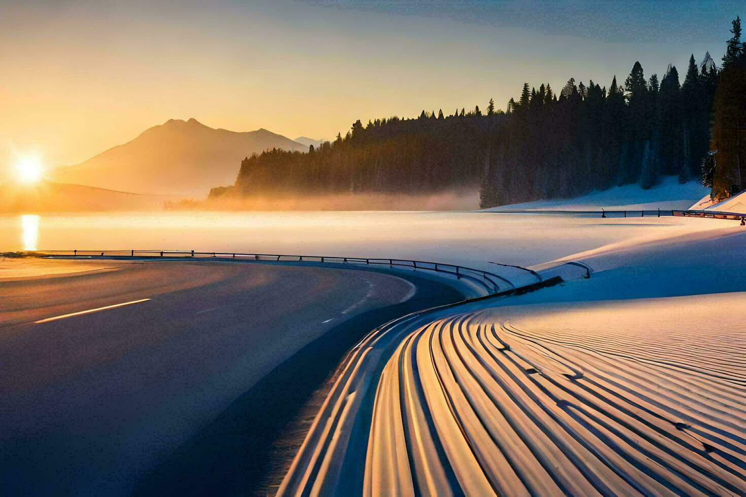 a road in the snow with the sun rising over it. AI-Generated photo