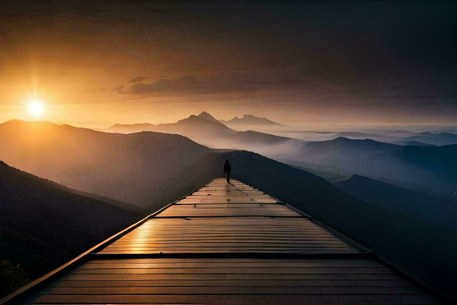 a man stands on a bridge overlooking the mountains. AI-Generated photo