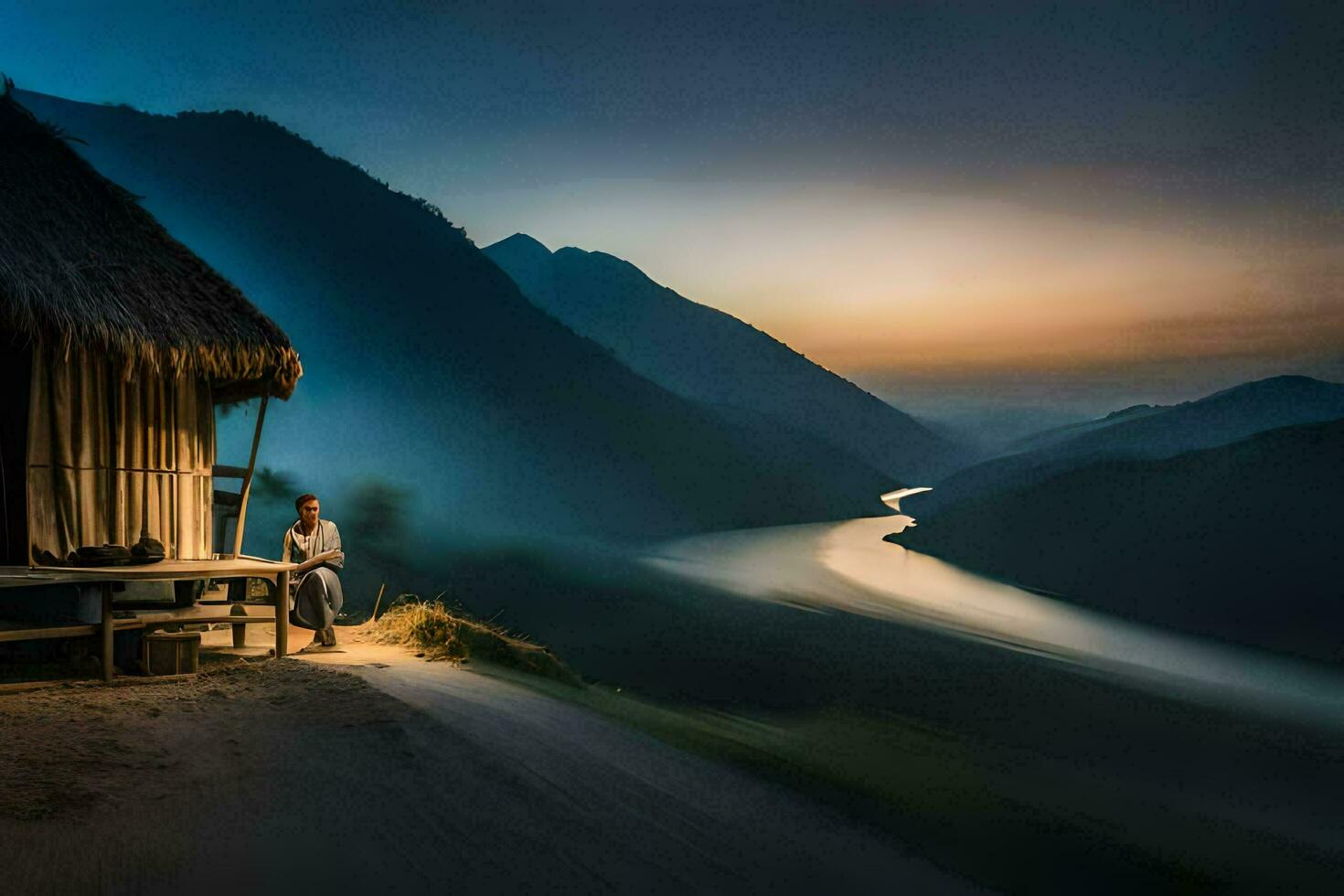 un hombre se sienta fuera de de un choza con vista a un río. generado por ai foto