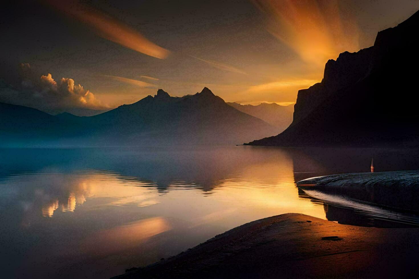 a lake with mountains in the background at sunset. AI-Generated photo