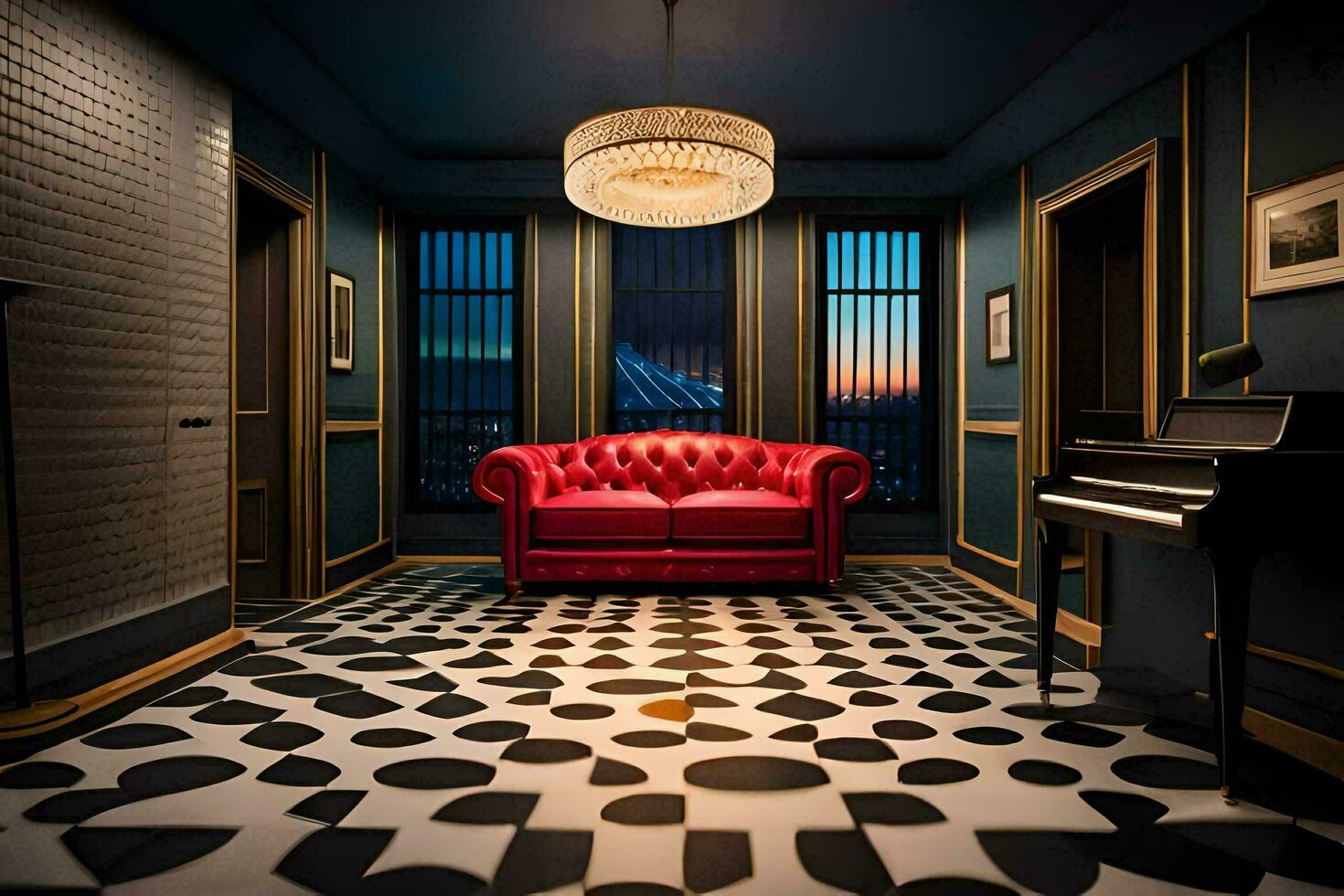 a room with a red couch and black and white tiles. AI-Generated photo