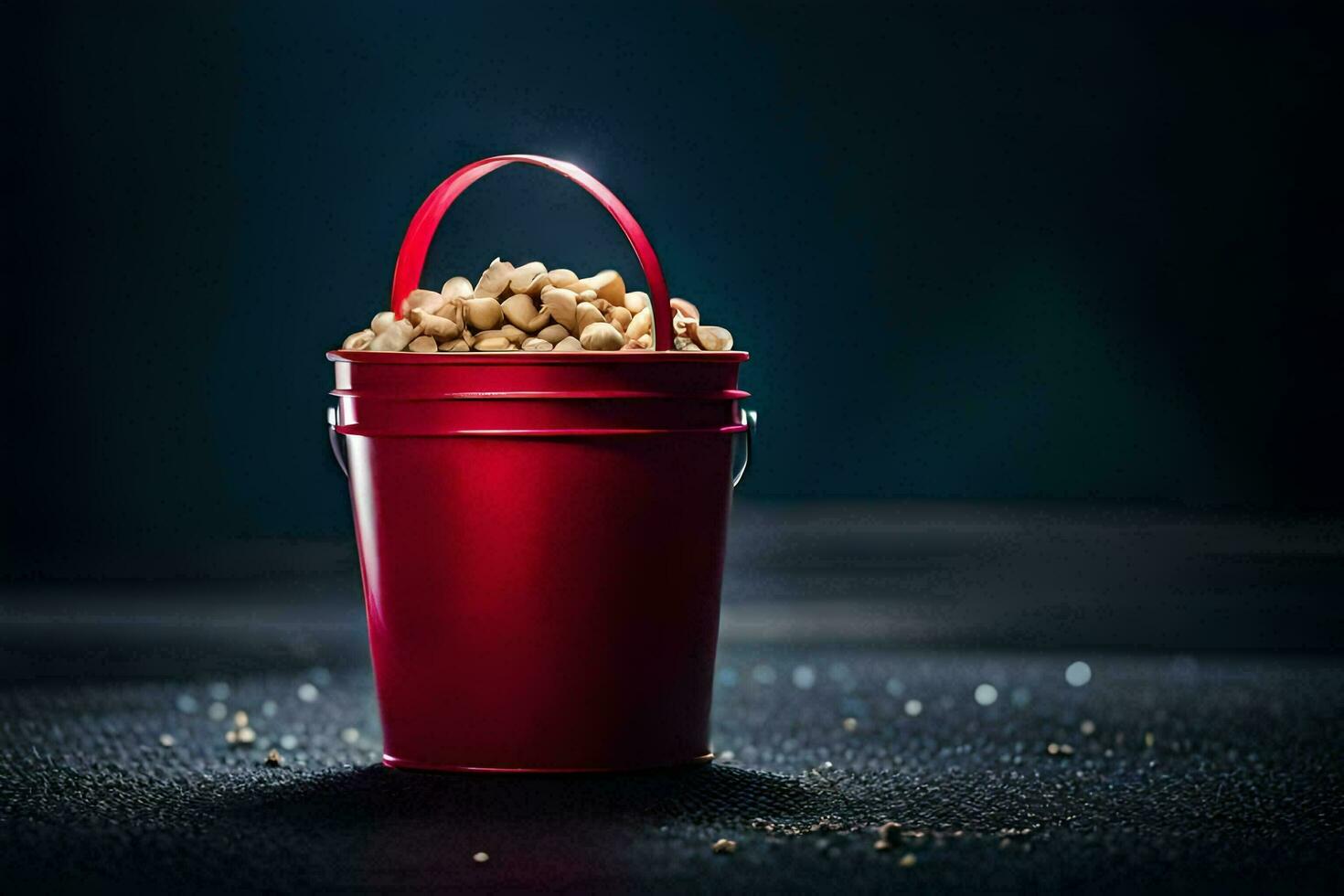 a red bucket filled with peanuts on a dark background. AI-Generated photo