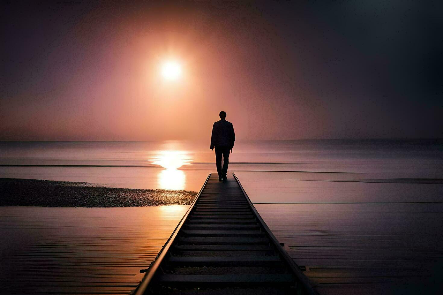a man standing on a pier at sunset. AI-Generated photo