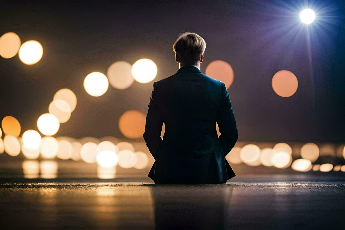 a man in a suit sitting on the ground at night. AI-Generated photo
