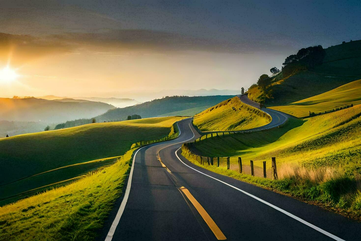 a winding road in the countryside at sunset. AI-Generated photo