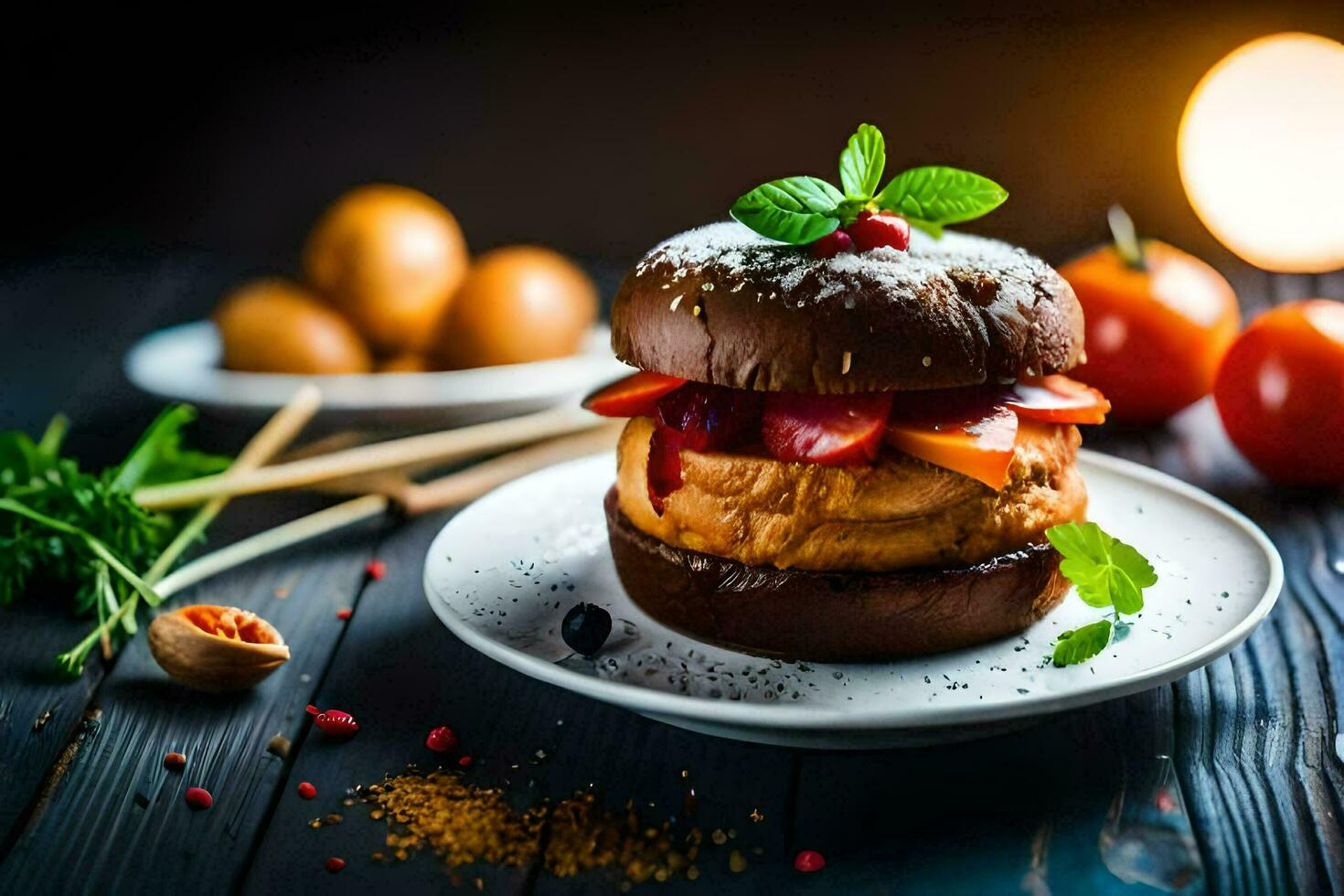 a hamburger with vegetables and spices on a plate. AI-Generated photo