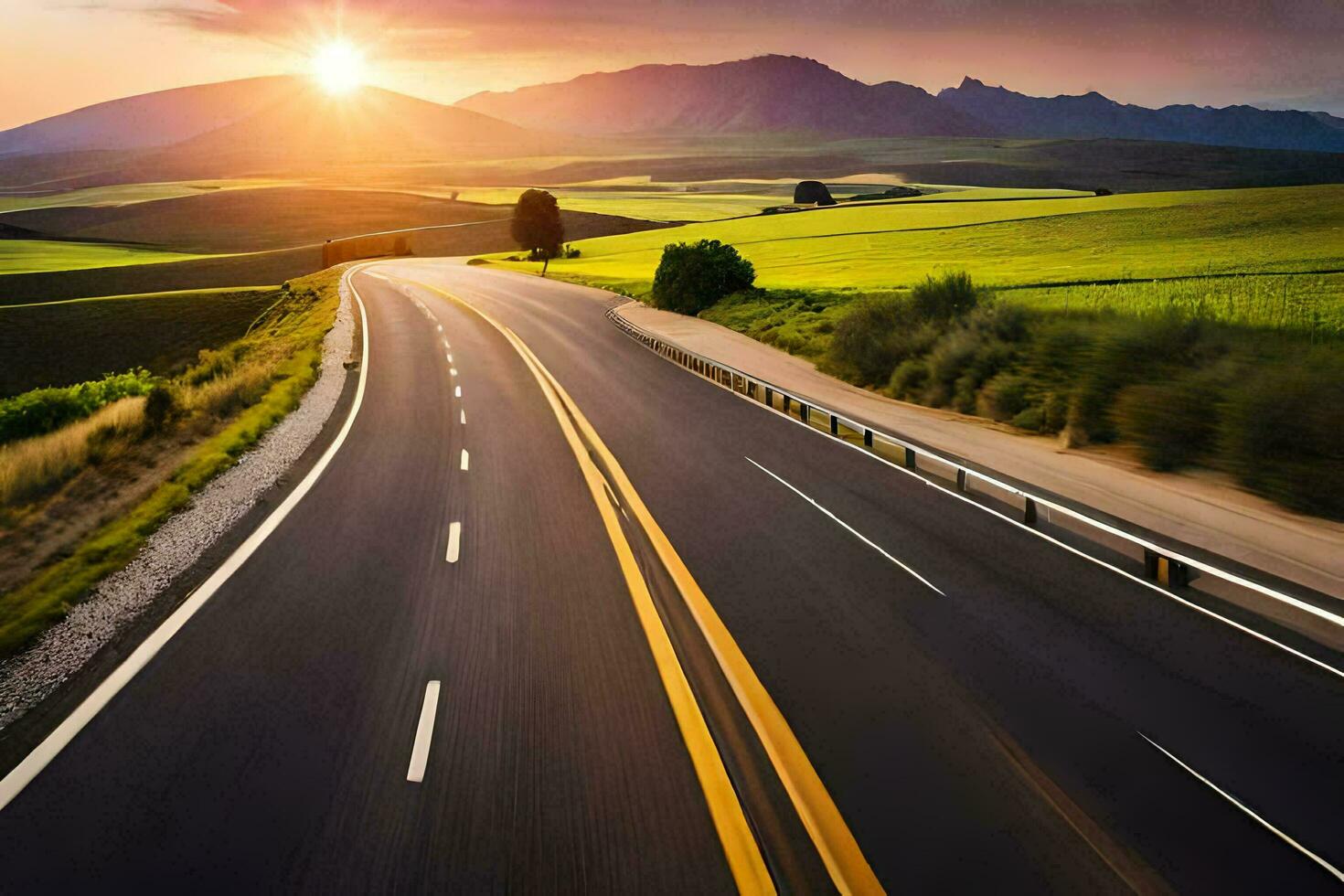a highway with the sun setting behind it. AI-Generated photo
