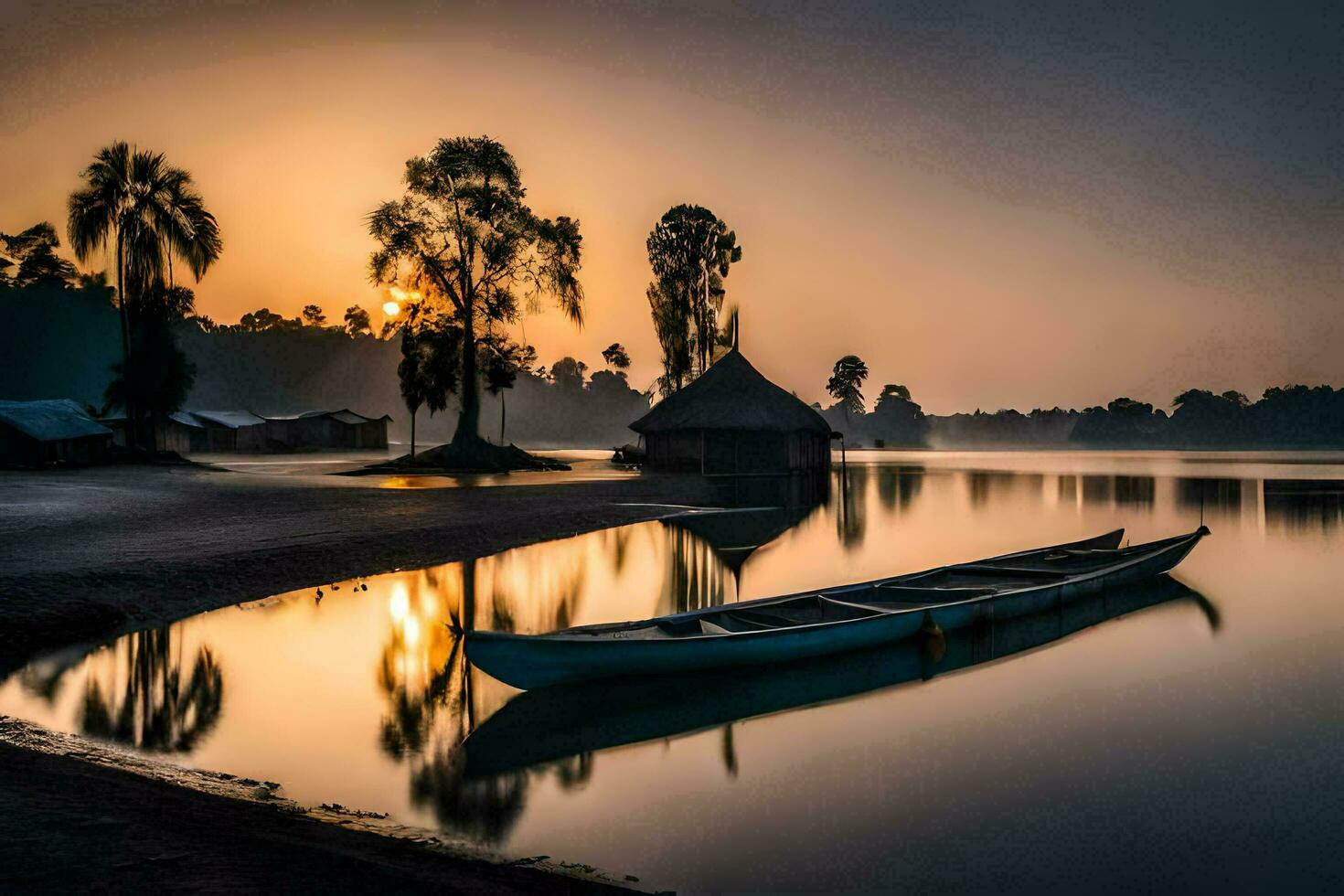 a boat sits on the shore of a lake at sunset. AI-Generated photo