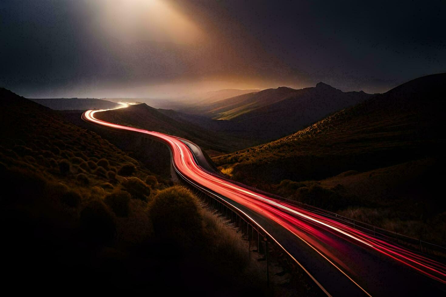 a long exposure photograph of a road with light trails. AI-Generated photo