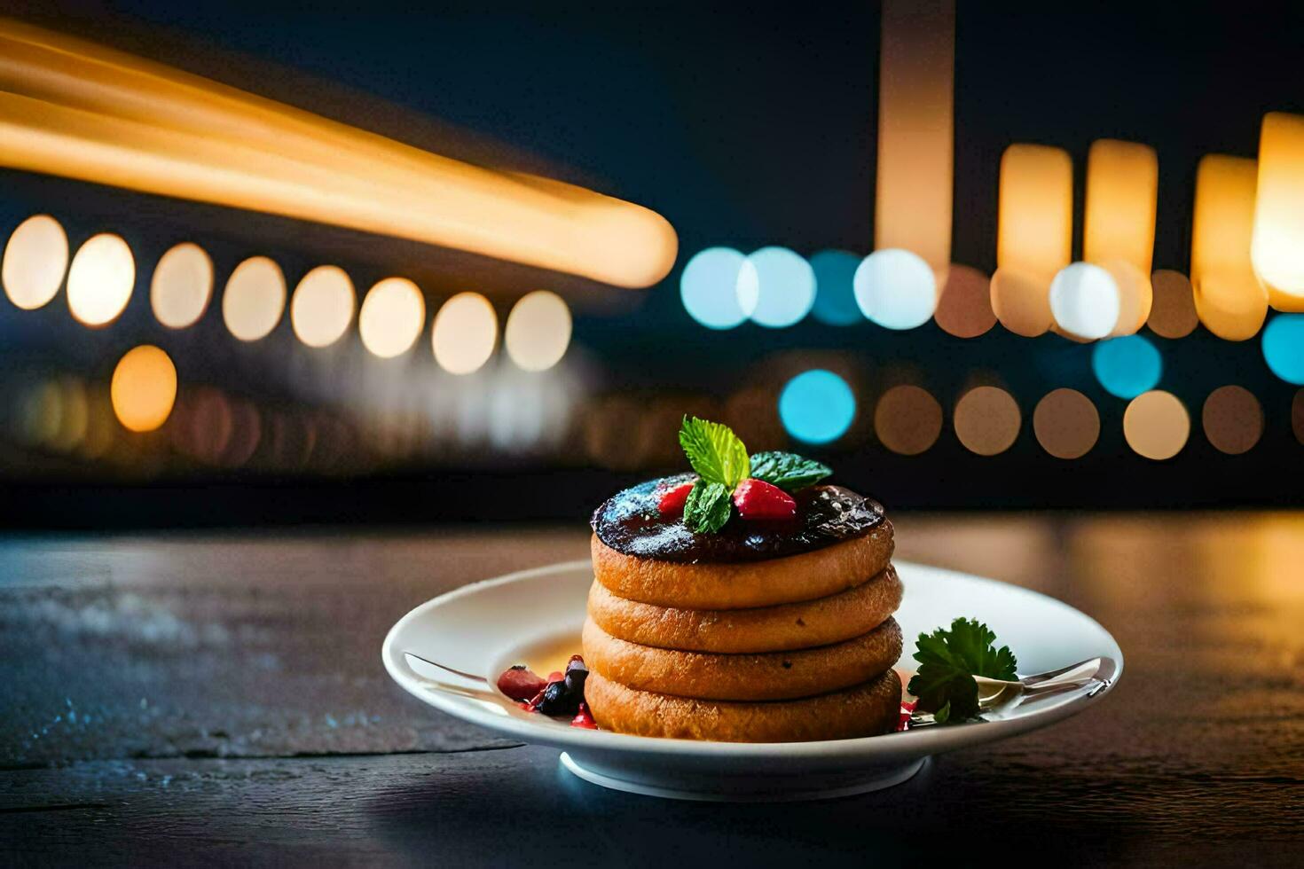 a stack of pancakes on a plate with a city view. AI-Generated photo