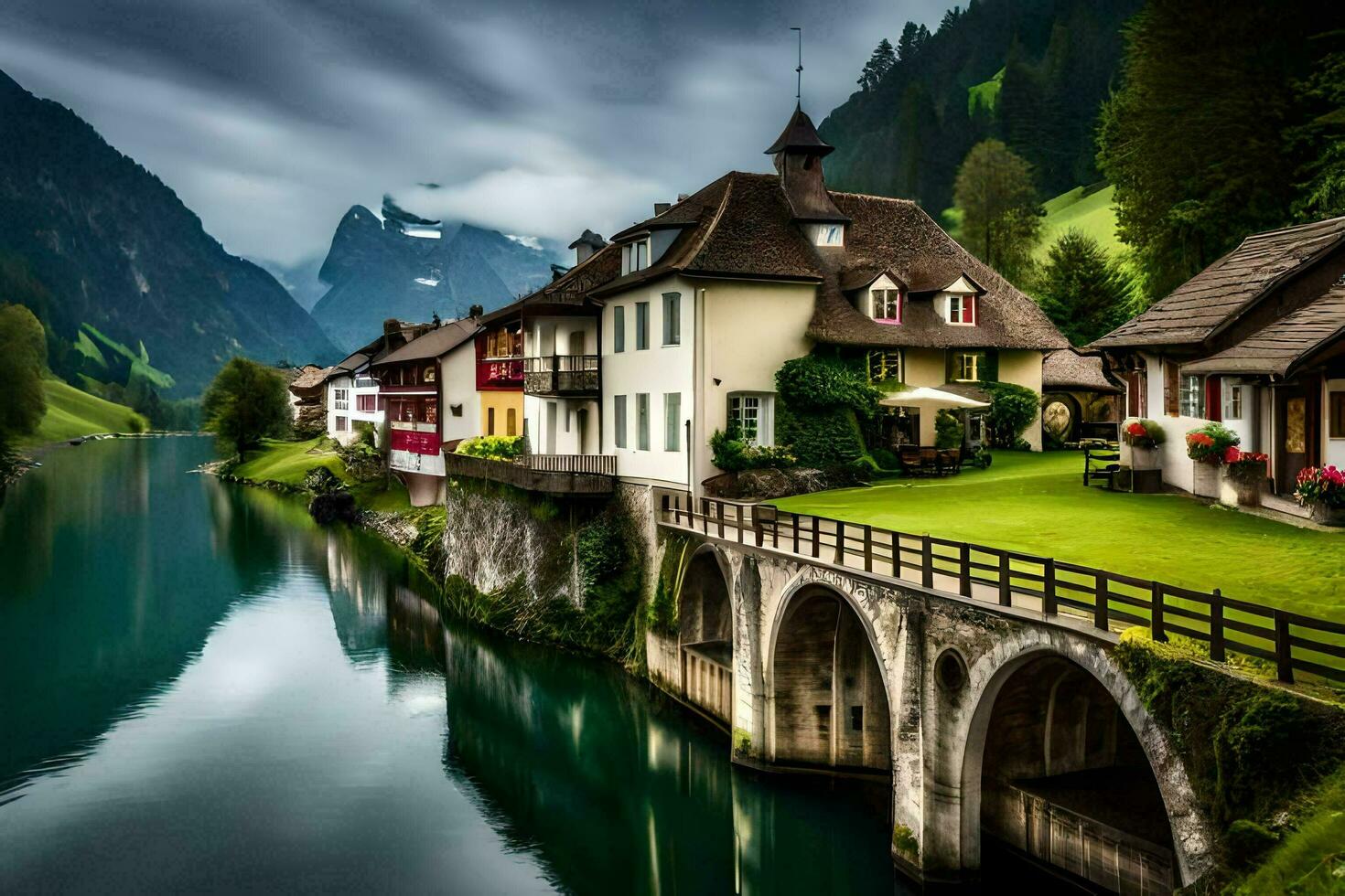 photo wallpaper the sky, mountains, river, houses, switzerland, switzerland, switzerland. AI-Generated