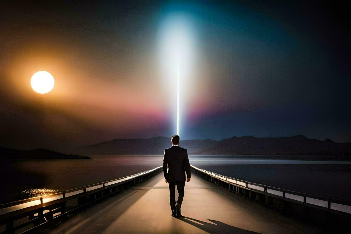 un hombre caminando en un puente a noche con un ligero brillante en el distancia. generado por ai foto