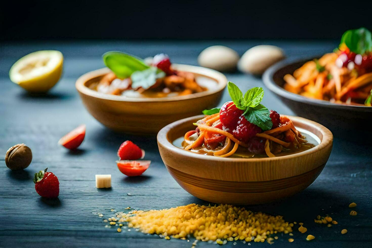 Tres bochas de pasta con vegetales y hierbas. generado por ai foto