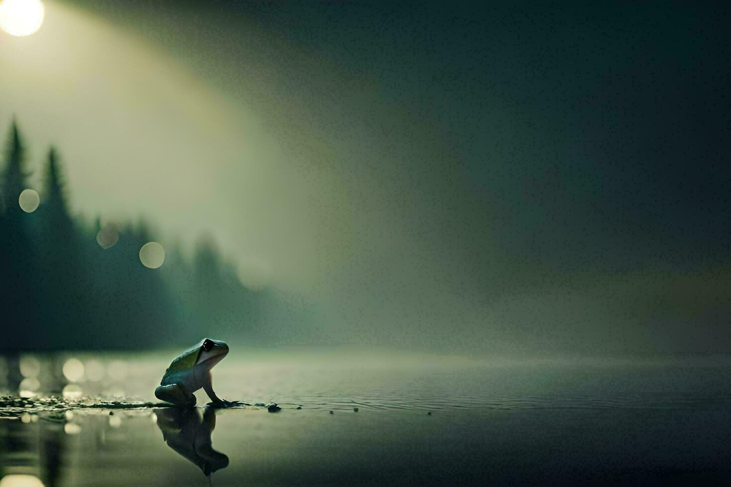 a frog sitting on the edge of a lake at night. AI-Generated photo