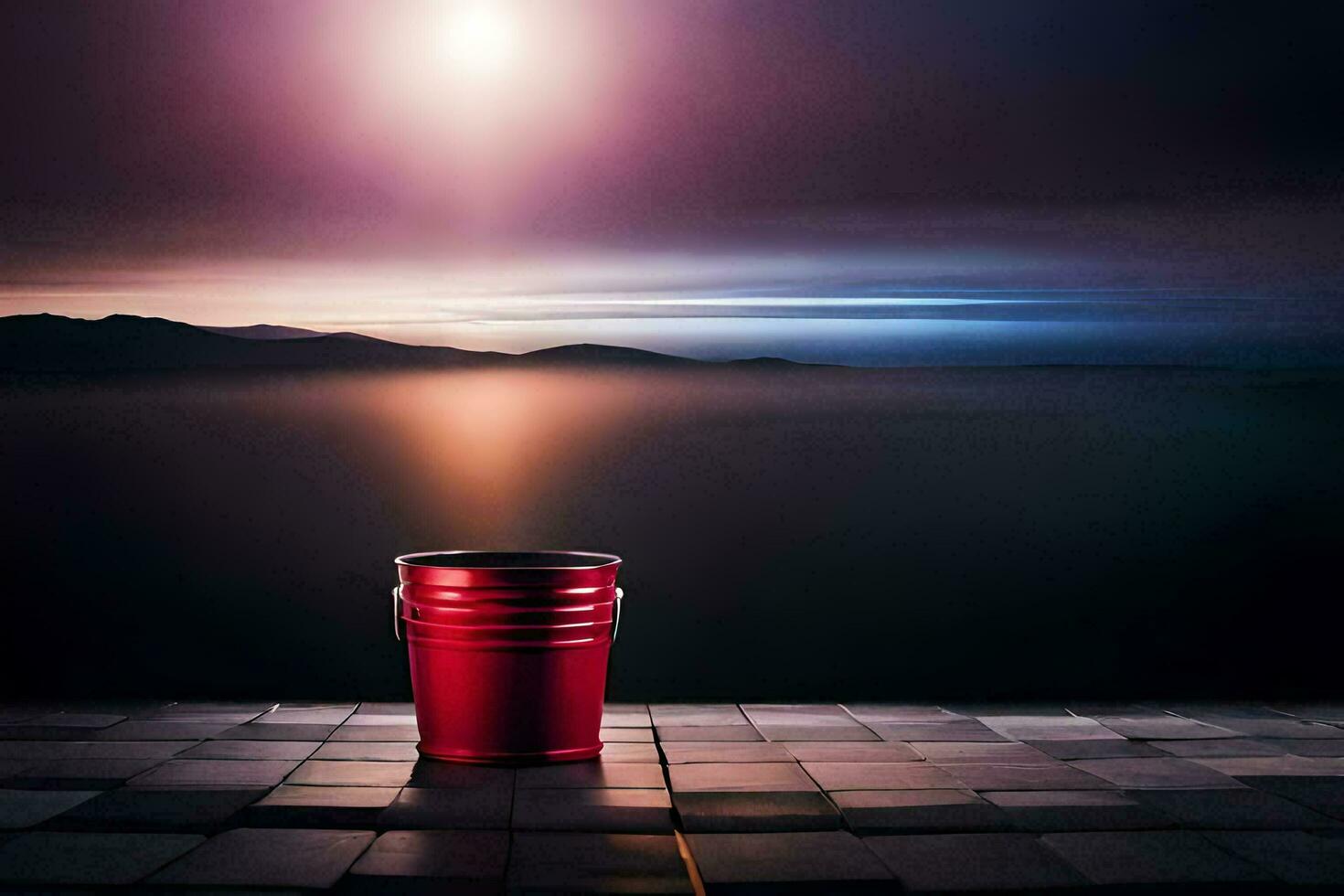 a red bucket sitting on a tiled floor with a view of the ocean. AI-Generated photo