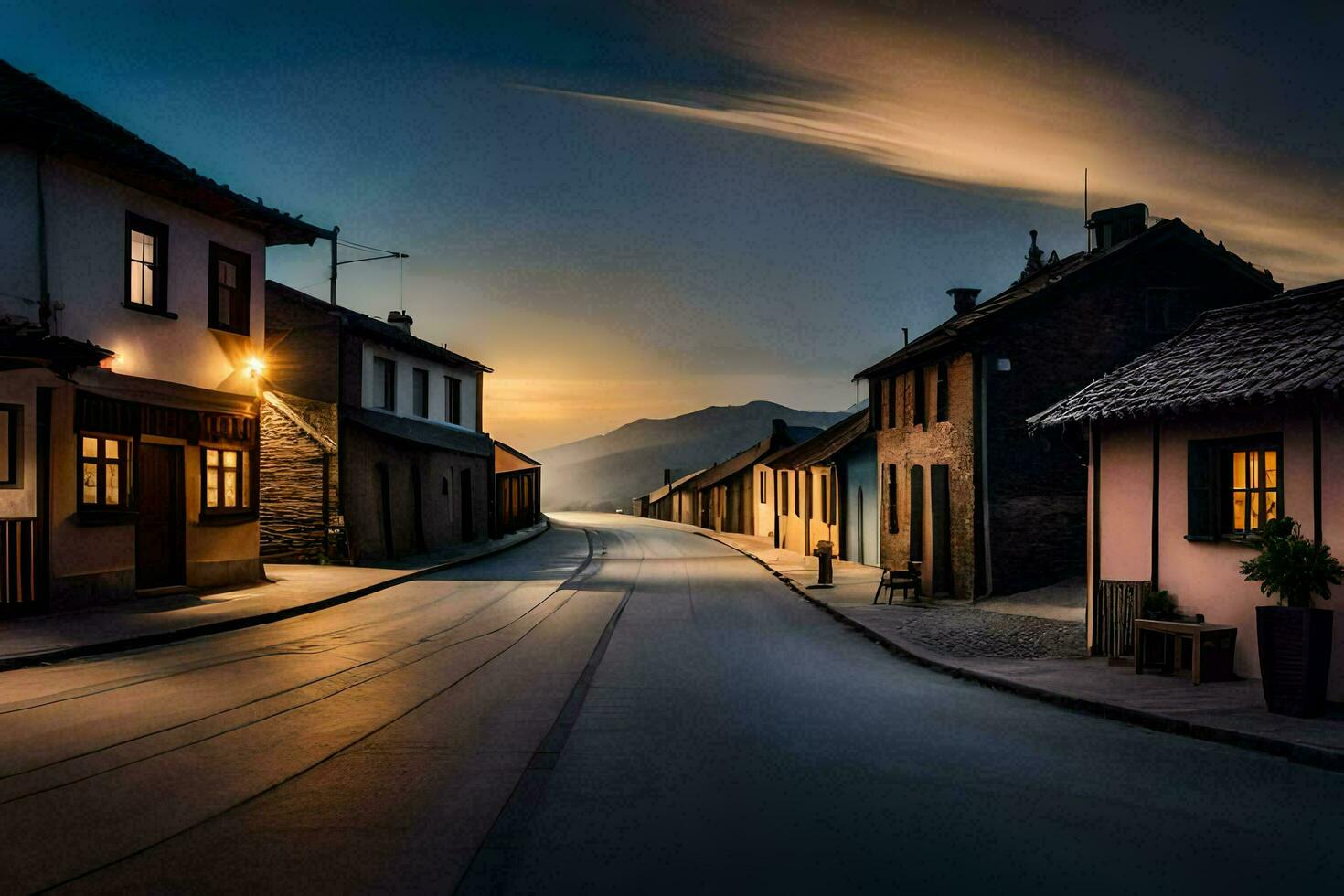 un largo exposición fotografía de un calle a puesta de sol. generado por ai foto