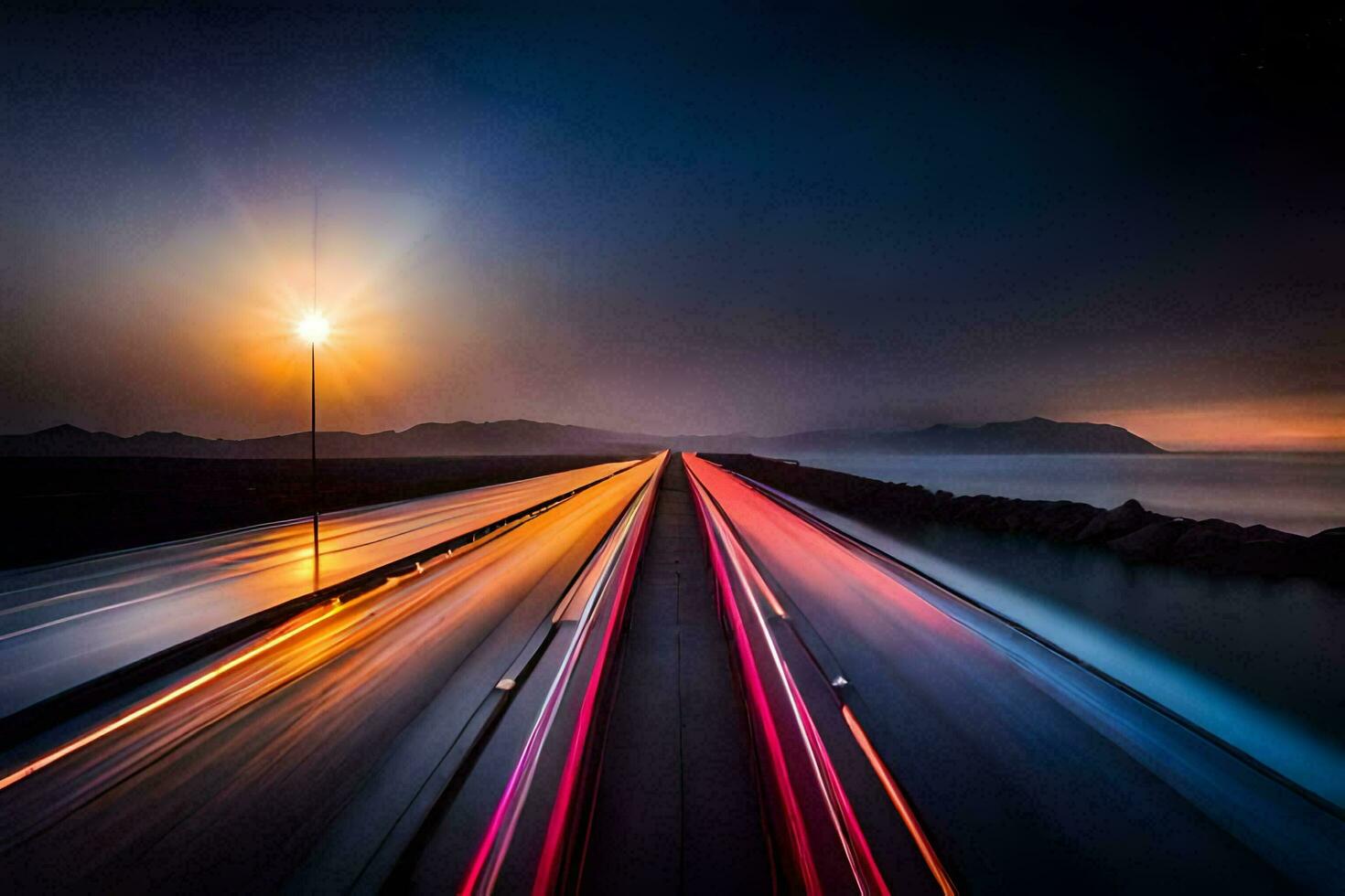 un largo exposición foto de un autopista a noche. generado por ai