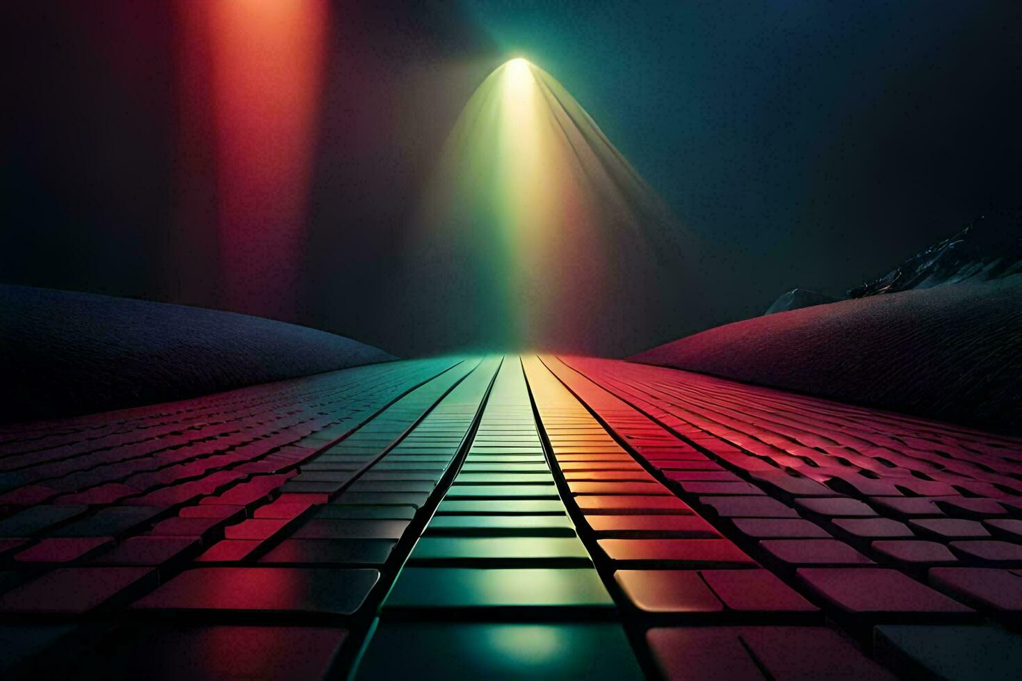 a computer keyboard with a rainbow light shining down. AI-Generated photo