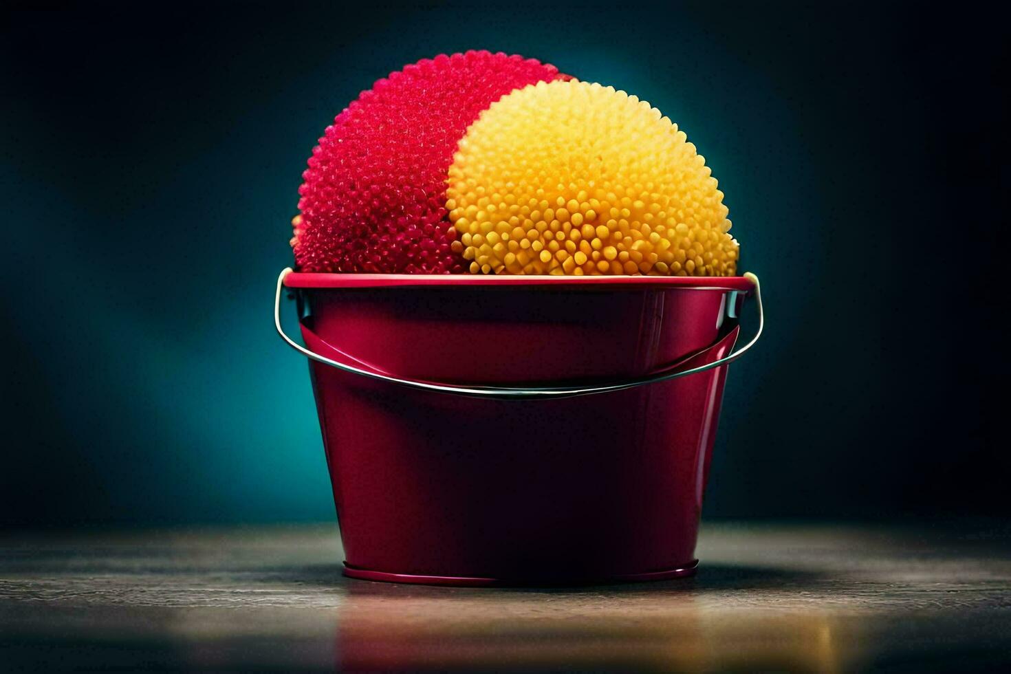 a red bucket with two yellow and red balls inside. AI-Generated photo