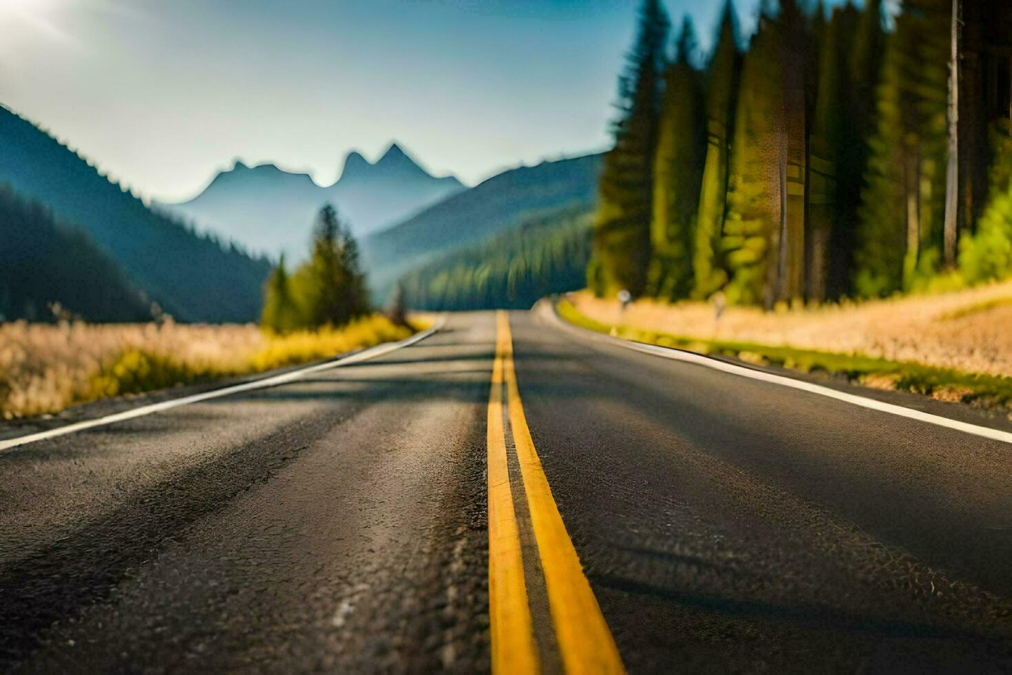 a road in the mountains with trees and mountains in the background. AI-Generated photo