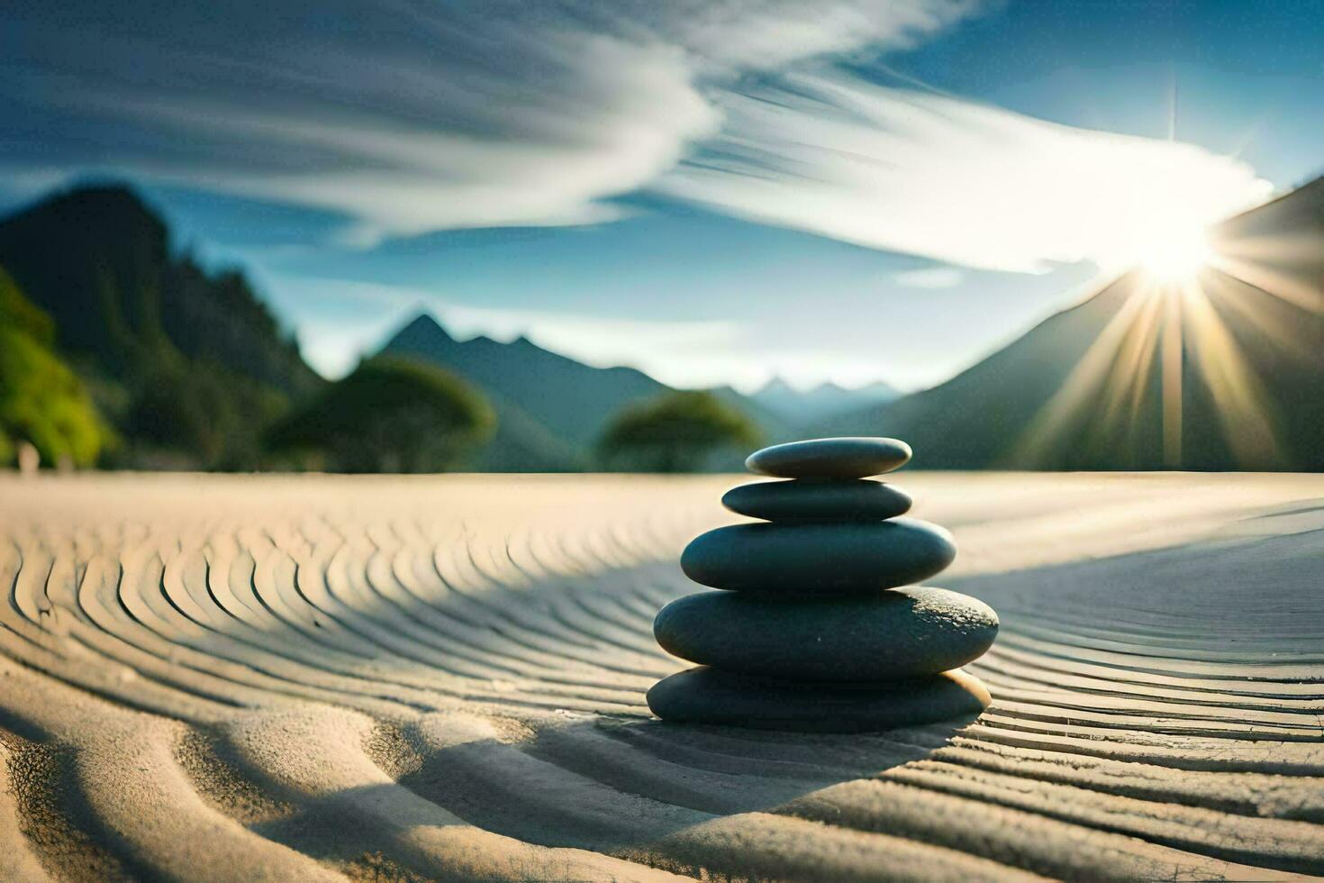 a stack of rocks in the sand with the sun shining. AI-Generated photo