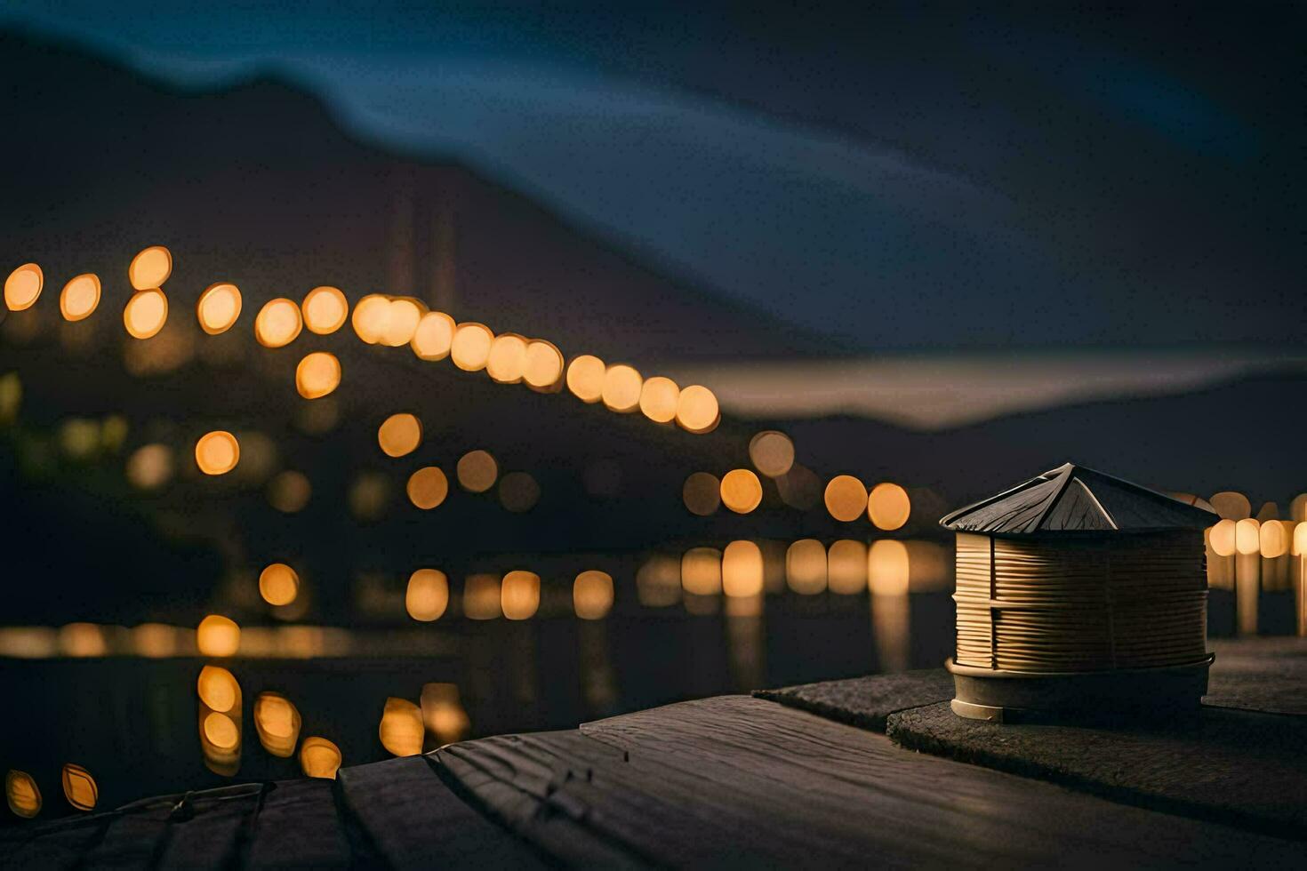 un pequeño linterna se sienta en un de madera muelle a noche. generado por ai foto