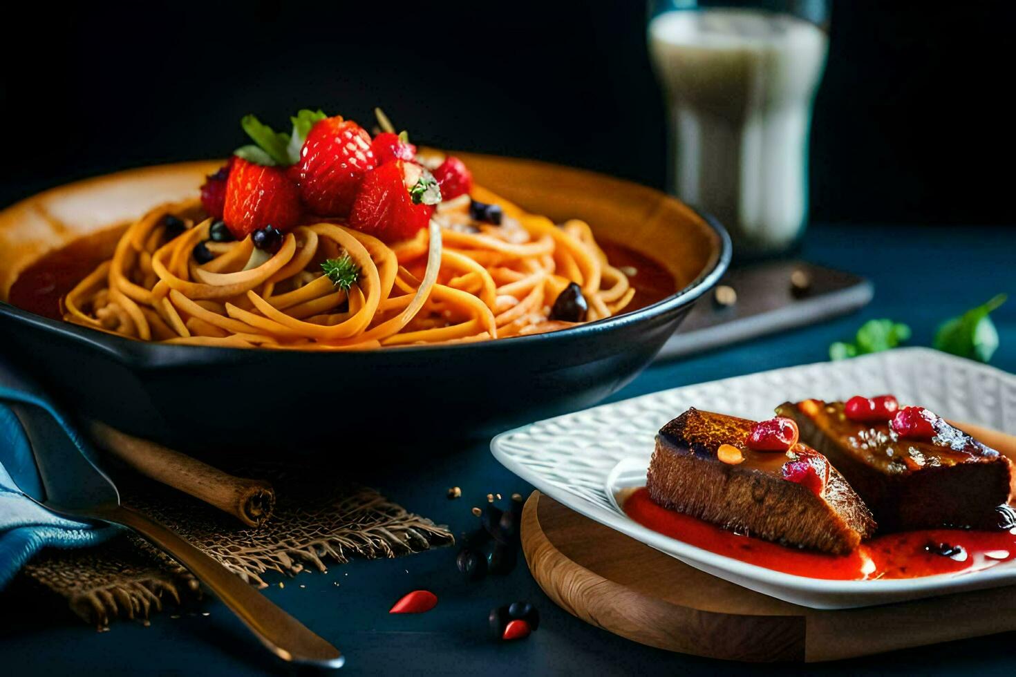 spaghetti with tomato sauce and strawberries. AI-Generated photo