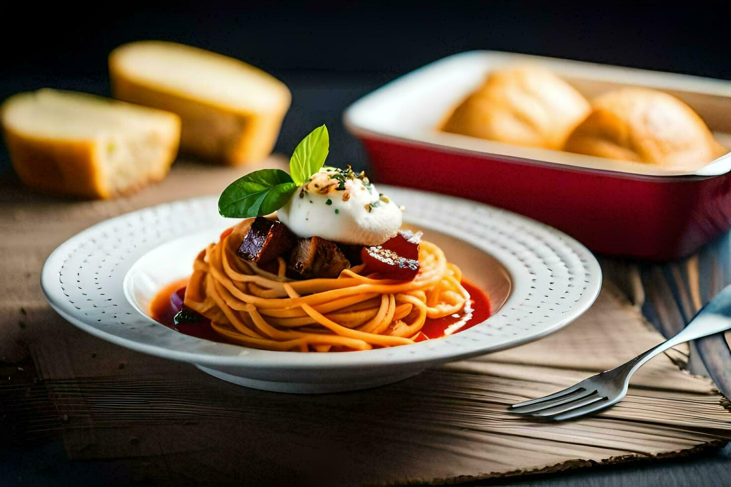spaghetti with meatballs and tomato sauce on a plate. AI-Generated photo