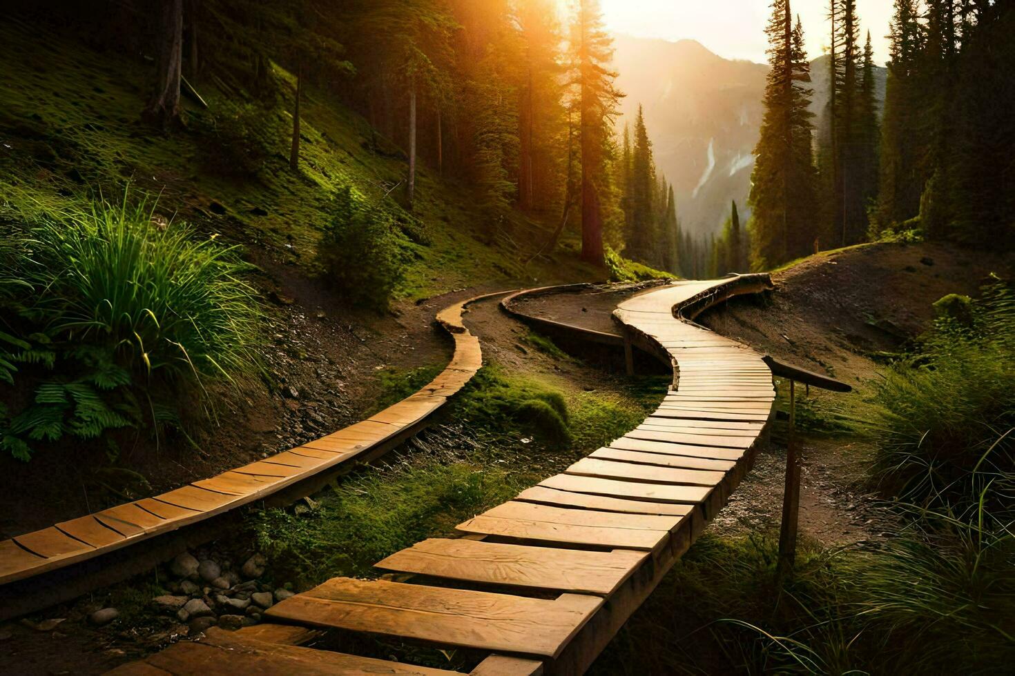 a wooden path leads to a mountain in the sunset. AI-Generated photo