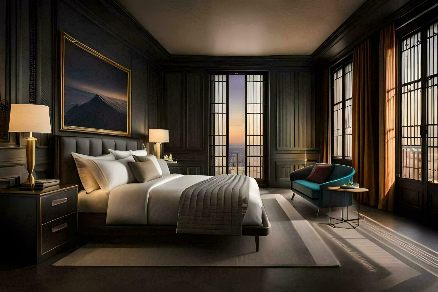 a bedroom with a large bed and a painting on the wall. AI-Generated photo