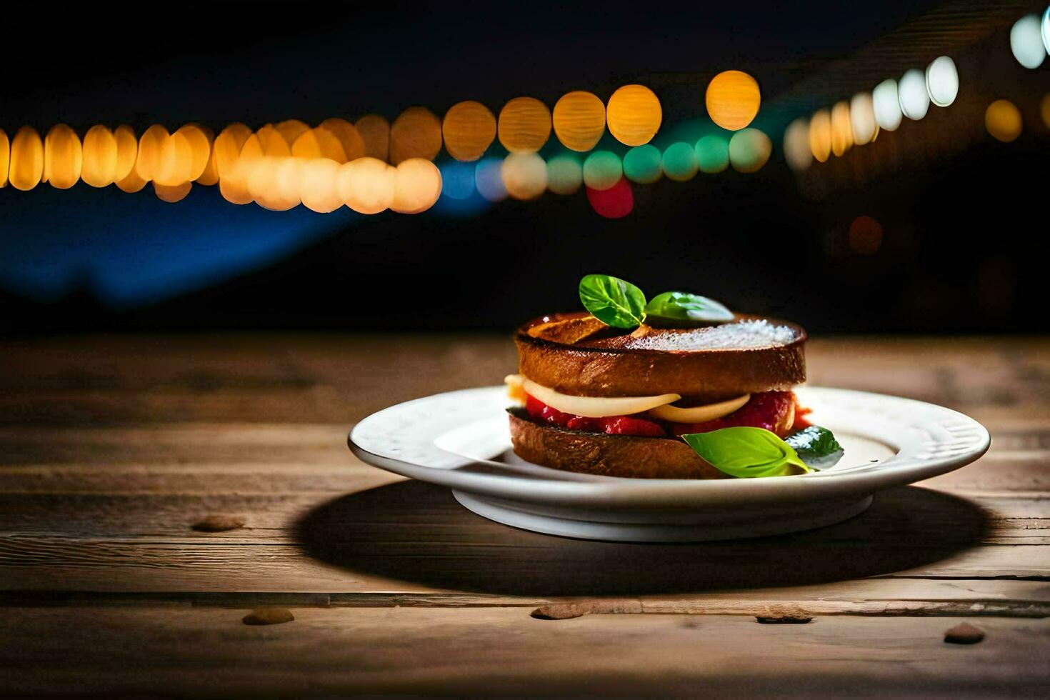 un emparedado en un plato con un borroso antecedentes. generado por ai foto