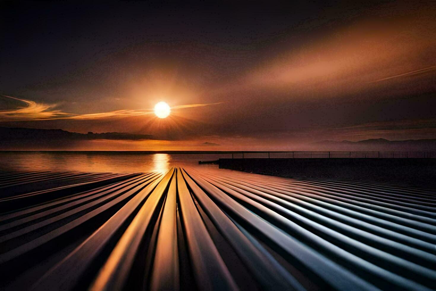 the sun is setting over a lake with a long line of pipes. AI-Generated photo