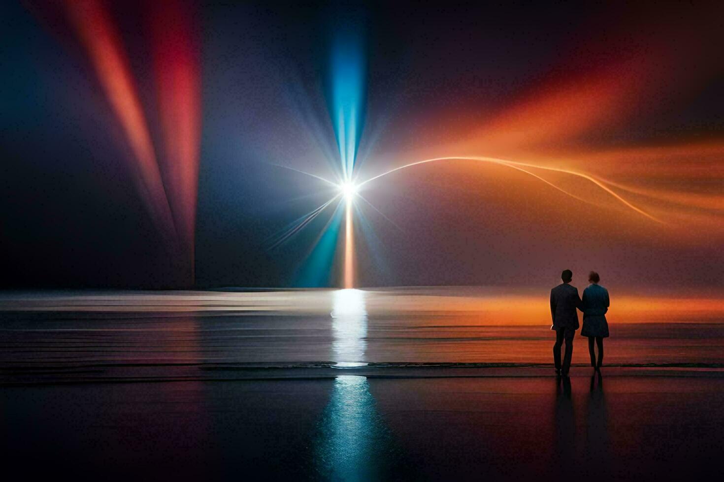 two people standing on the beach with a bright light coming from the sky. AI-Generated photo
