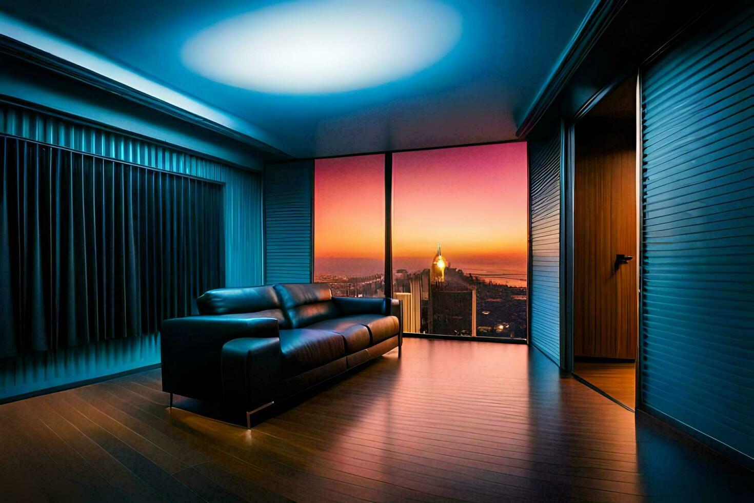a room with a couch and a view of the city. AI-Generated photo