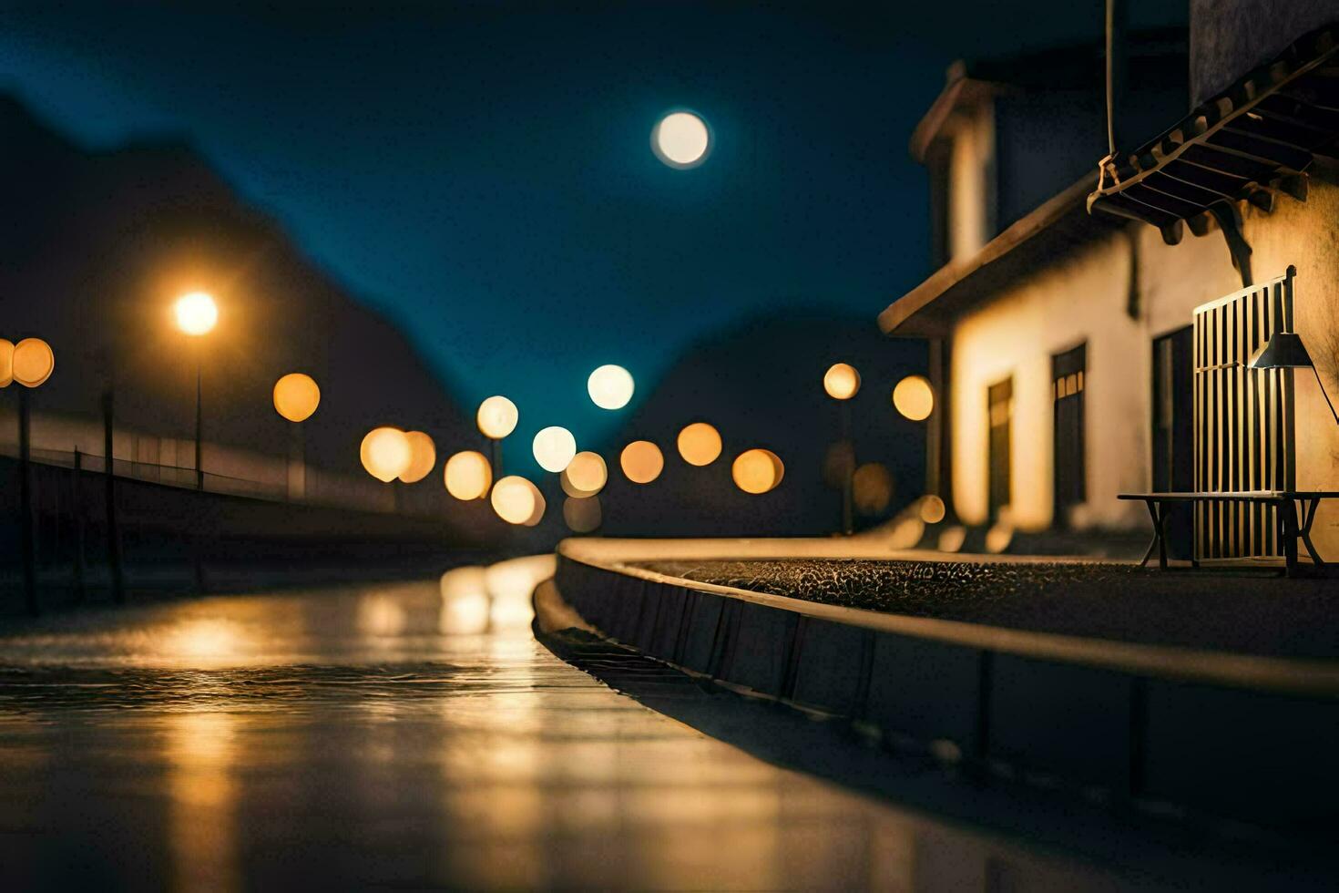 foto fondo de pantalla el noche, calle, luces, el luna, calle luces, el luz de la luna,. generado por ai