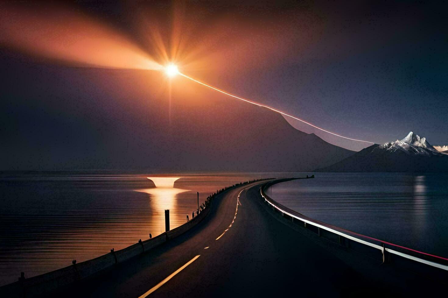a long road with a mountain in the background. AI-Generated photo