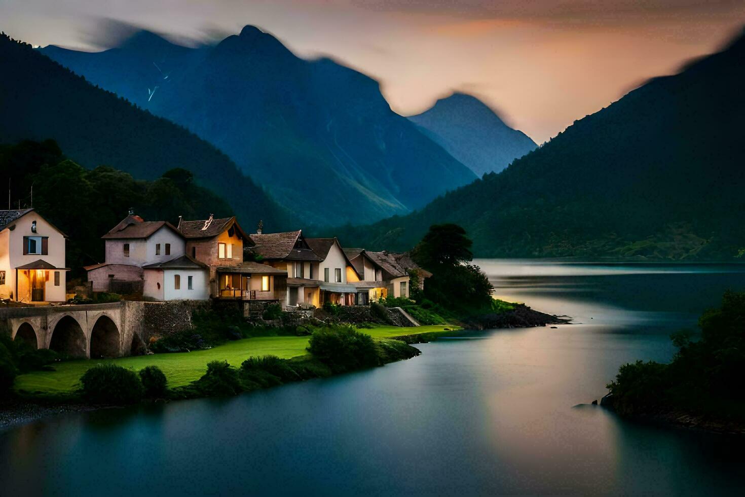 photo wallpaper the sky, mountains, water, house, river, sunset, house, village,. AI-Generated