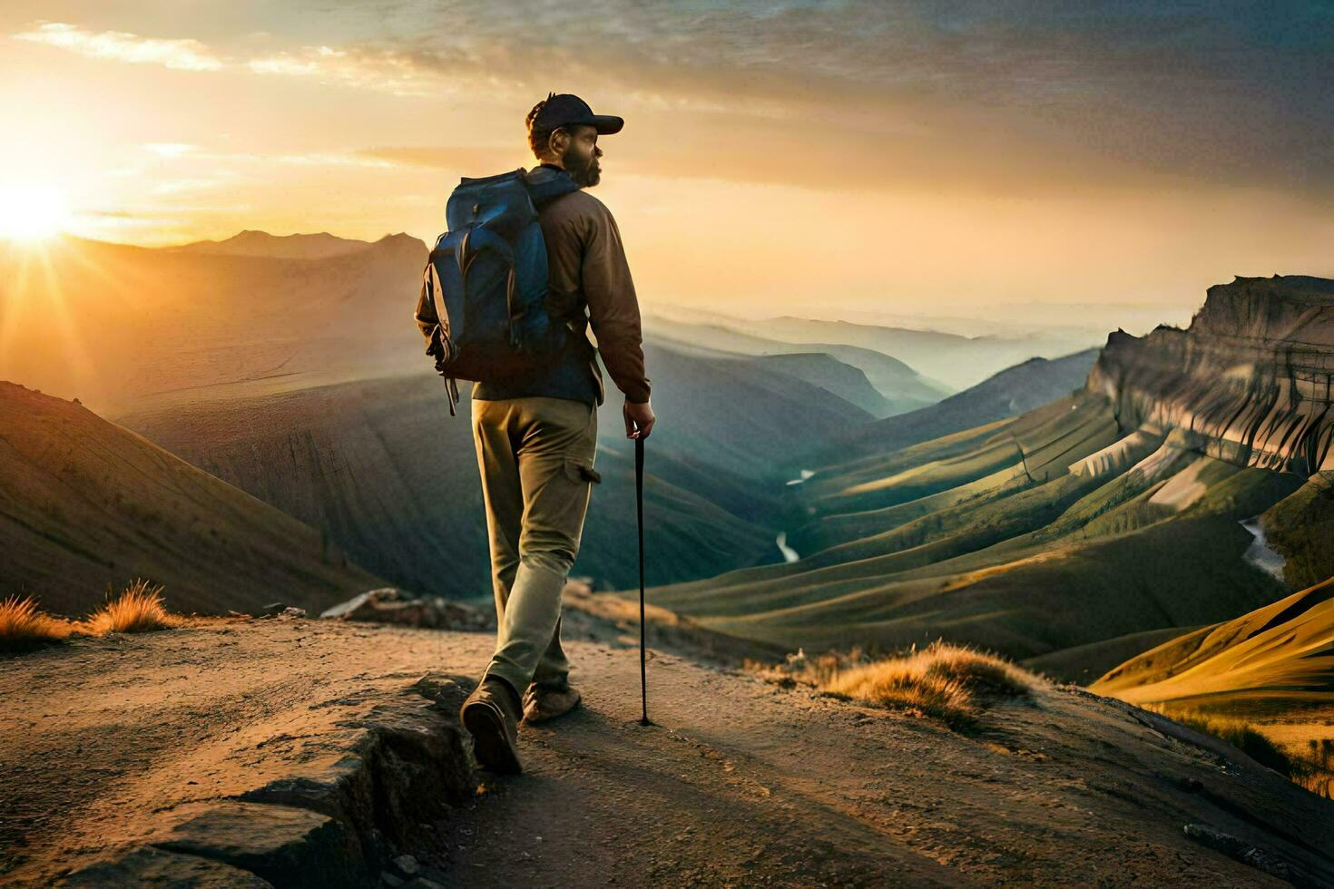 a man with a backpack and hiking poles stands on a mountain top at sunset. AI-Generated photo