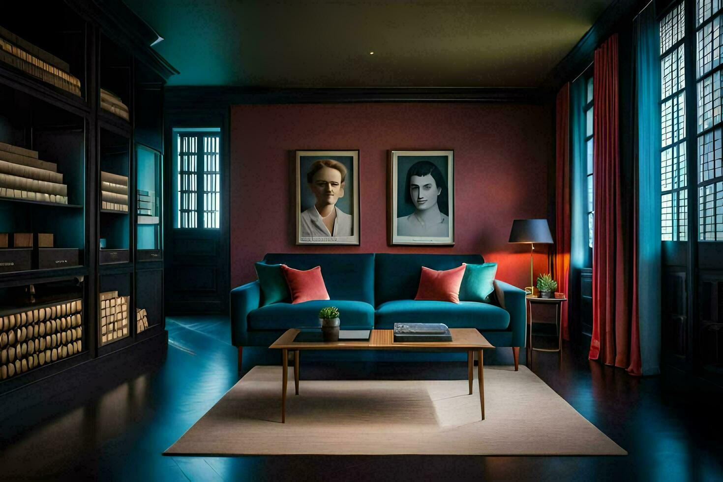 a living room with a blue couch and two pictures on the wall. AI-Generated photo