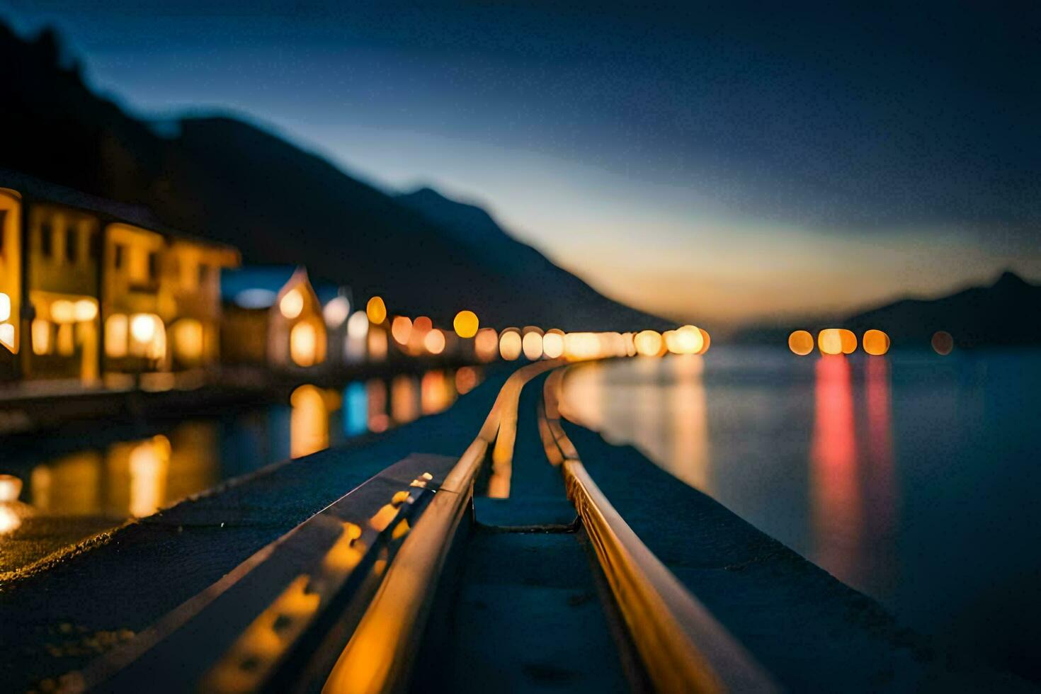 a train track is in the middle of a lake at night. AI-Generated photo