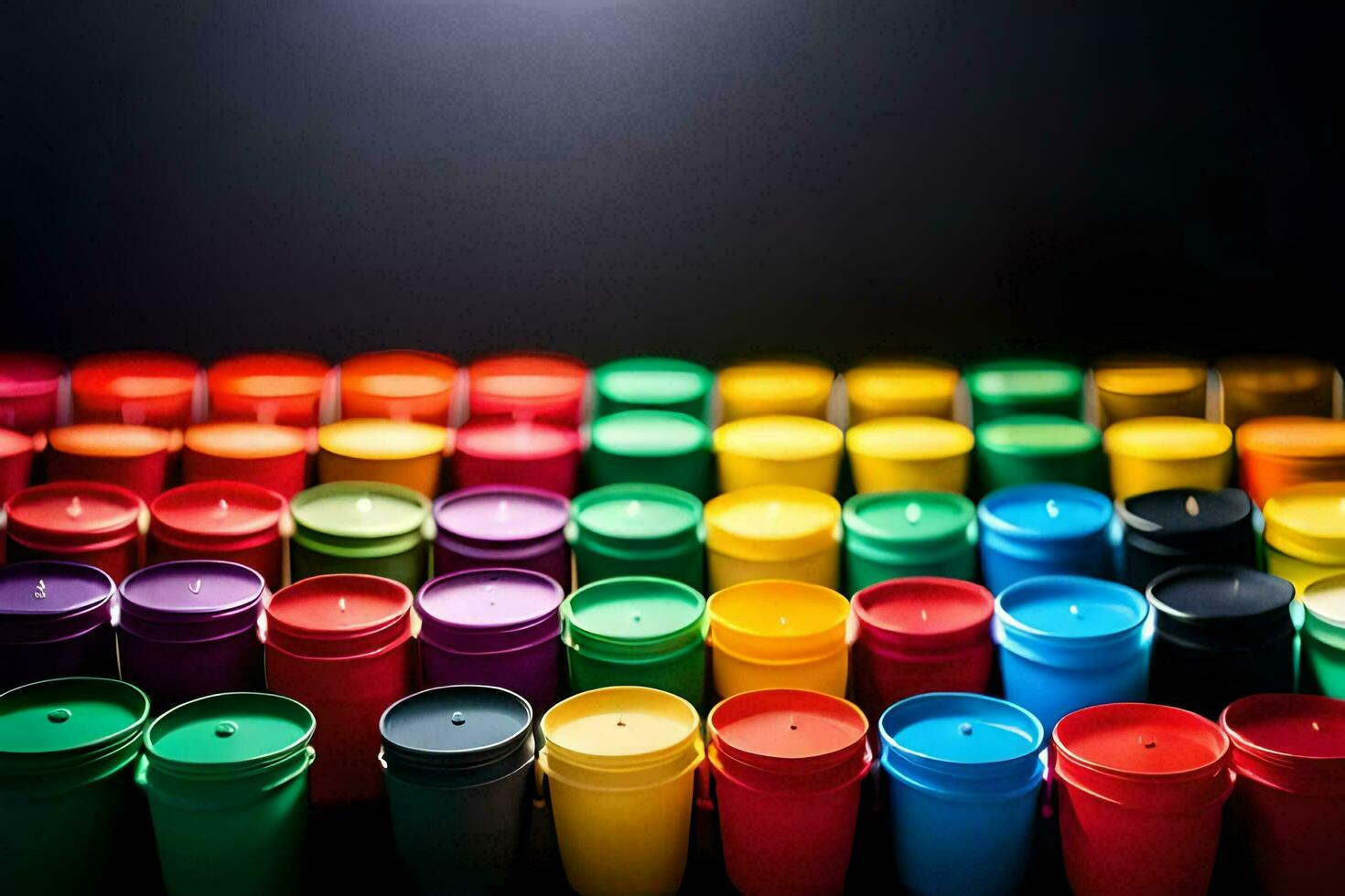 many colorful plastic cups are arranged in a row. AI-Generated photo
