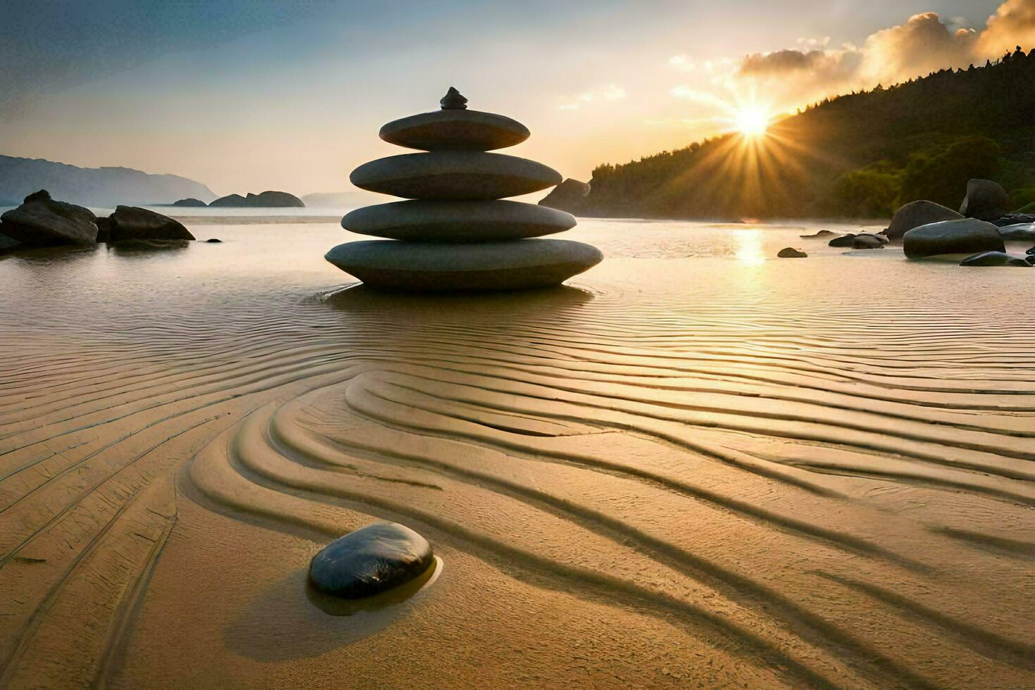 a stack of stones on the beach at sunset. AI-Generated photo