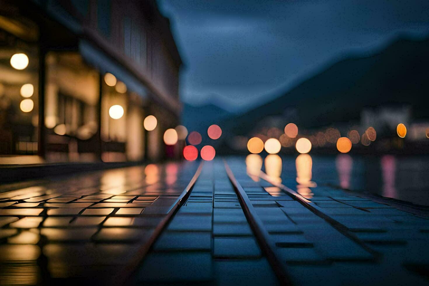 a long walkway with lights on it at night. AI-Generated photo