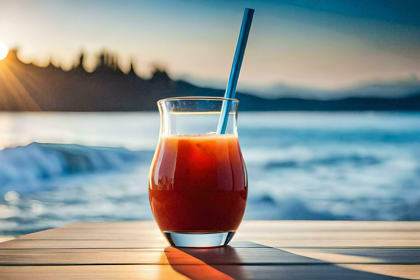 un vaso de jugo con un Paja en un de madera mesa. generado por ai foto