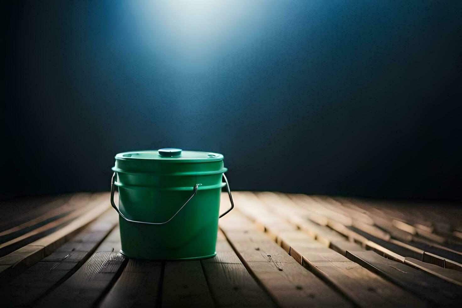a green bucket sitting on a wooden floor. AI-Generated photo