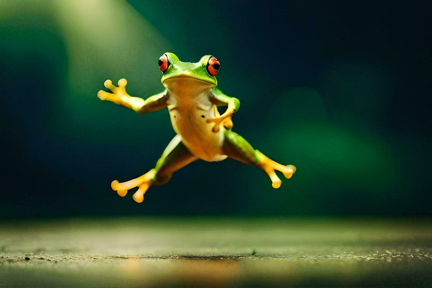 a frog jumping in the air with its legs spread. AI-Generated photo