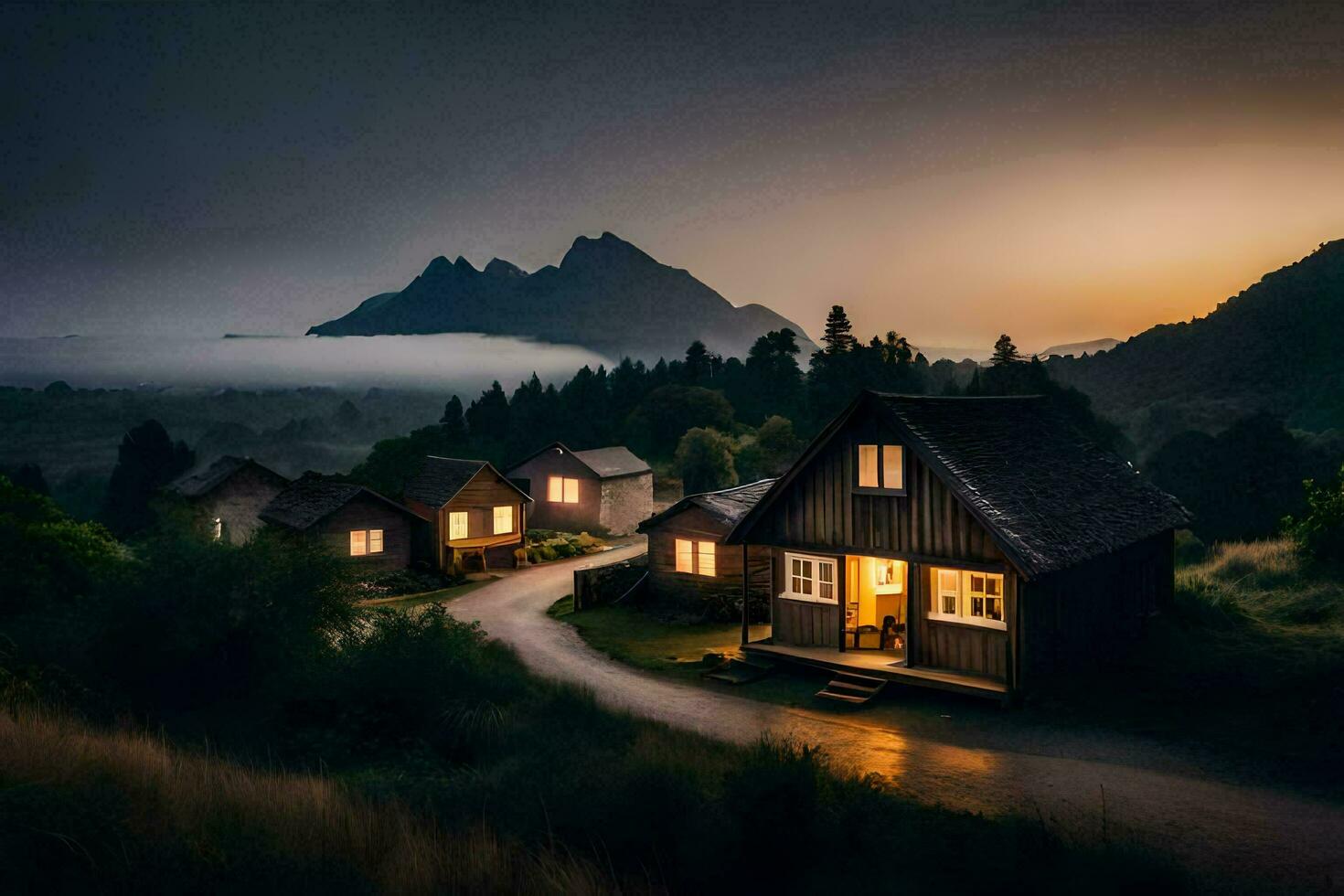 photo wallpaper the sky, fog, mountains, house, the road, the house, the road. AI-Generated
