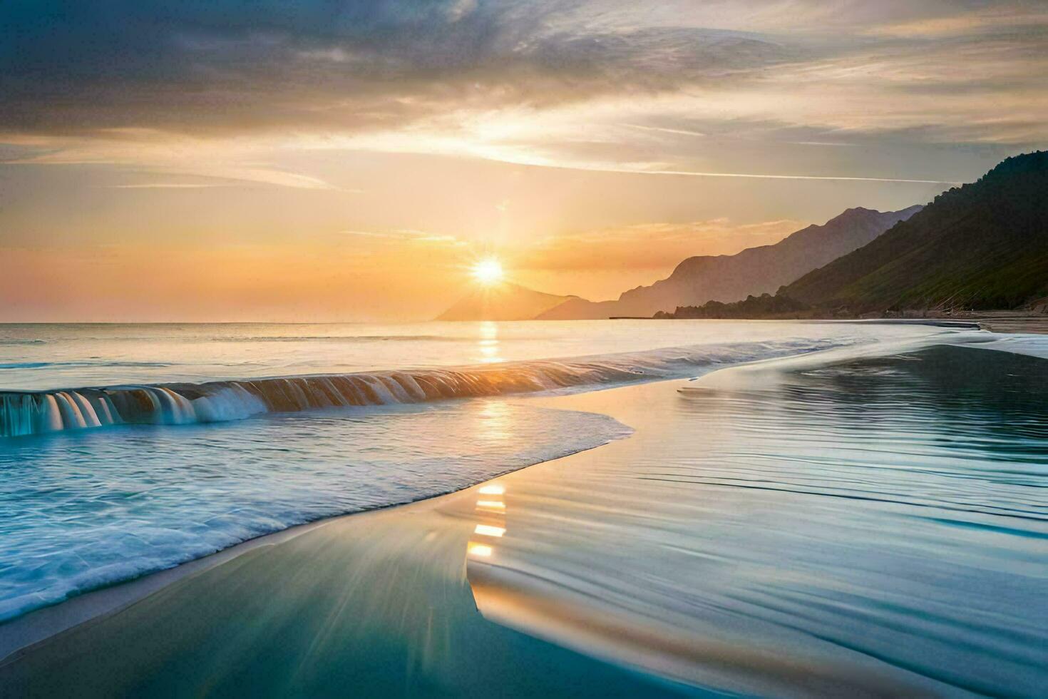 the sun sets over the ocean and waves. AI-Generated photo